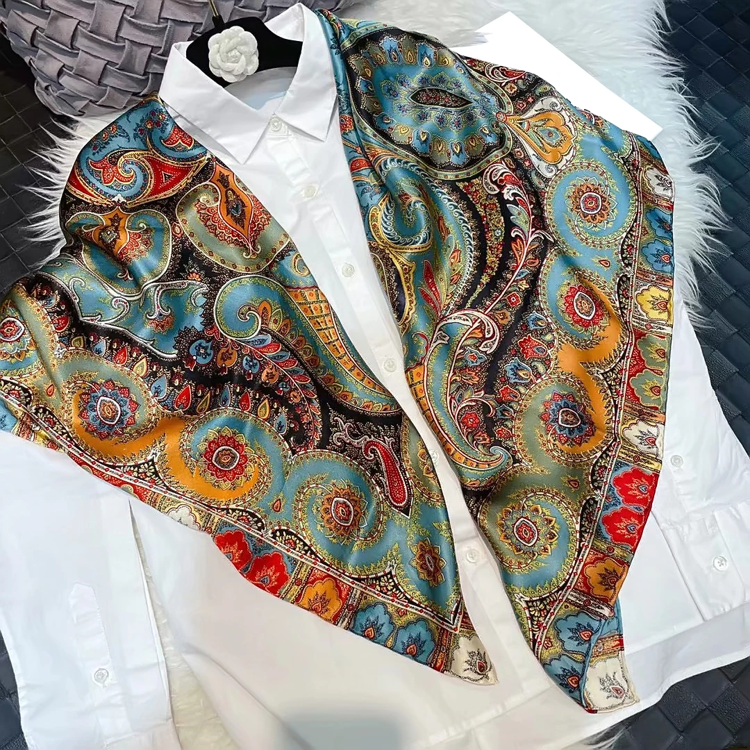 Coffee Gold 100% Mulberry Silk Women's Scarf Bandana Fashion Plaisley Style Square Scarves Hijabs Winter Brand Headscarf Foulard