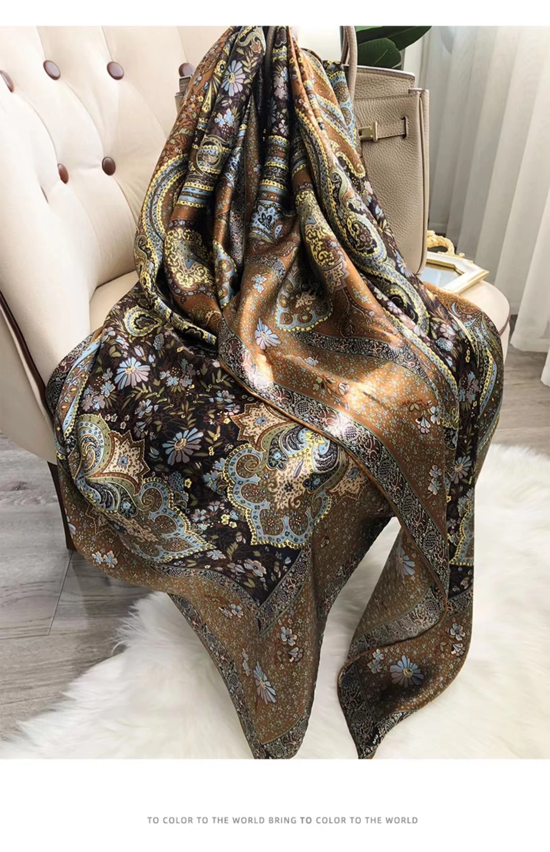 Coffee Gold 100% Mulberry Silk Women's Scarf Bandana Fashion Plaisley Style Square Scarves Hijabs Winter Brand Headscarf Foulard