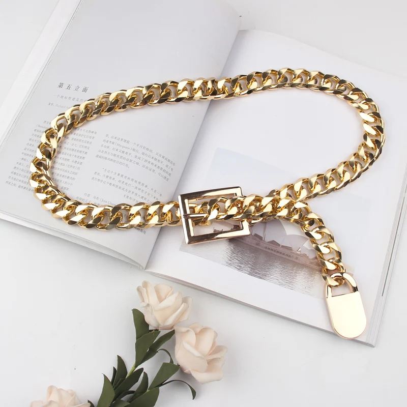 Silver Gold Metal Alloy Waist Belt Long Wide Waist Chain Punk Street Jean Belt Hip Hop Gothic Buckle PIn Adjustable Belt Cinch