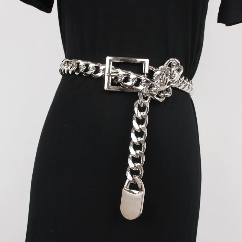 Silver Gold Metal Alloy Waist Belt Long Wide Waist Chain Punk Street Jean Belt Hip Hop Gothic Buckle PIn Adjustable Belt Cinch