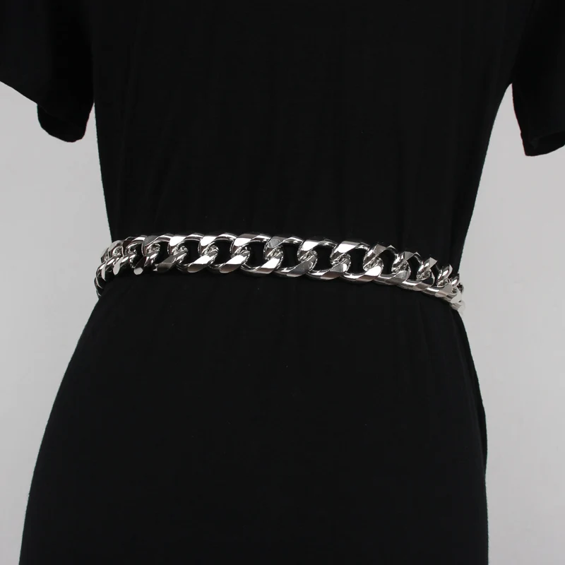 Silver Gold Metal Alloy Waist Belt Long Wide Waist Chain Punk Street Jean Belt Hip Hop Gothic Buckle PIn Adjustable Belt Cinch