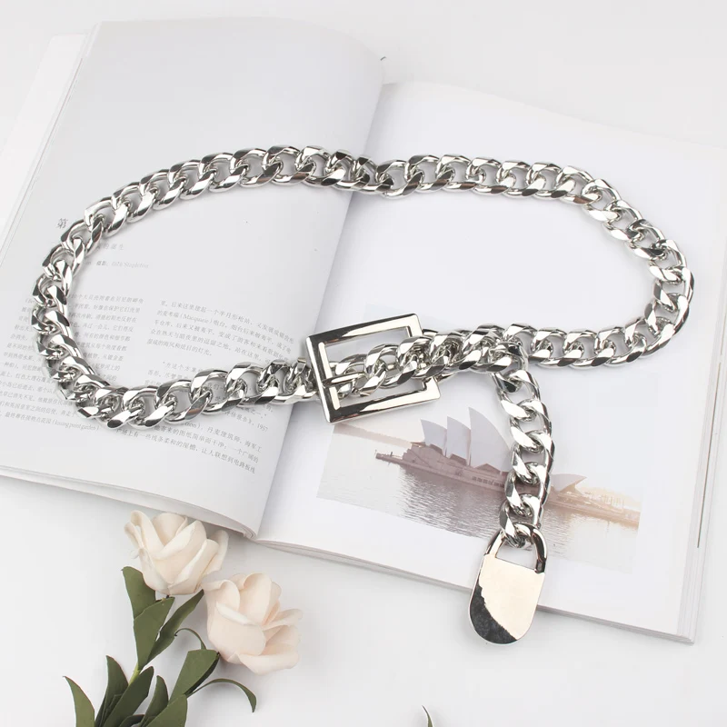 Silver Gold Metal Alloy Waist Belt Long Wide Waist Chain Punk Street Jean Belt Hip Hop Gothic Buckle PIn Adjustable Belt Cinch