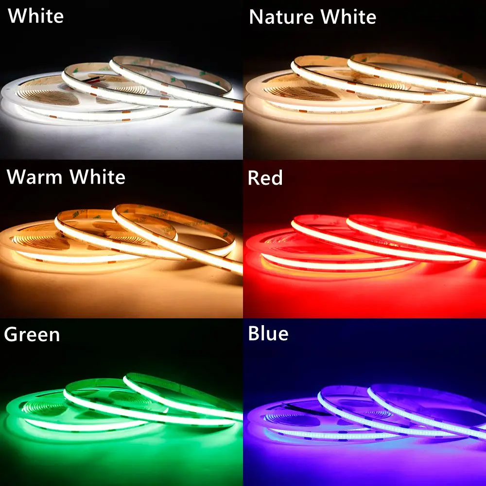 COB LED Strip Light High Density Flexible FOB COB 480/528LEDs/m Lights Tape Blue/ Green/Red Linear Dimmable DC12V/24V