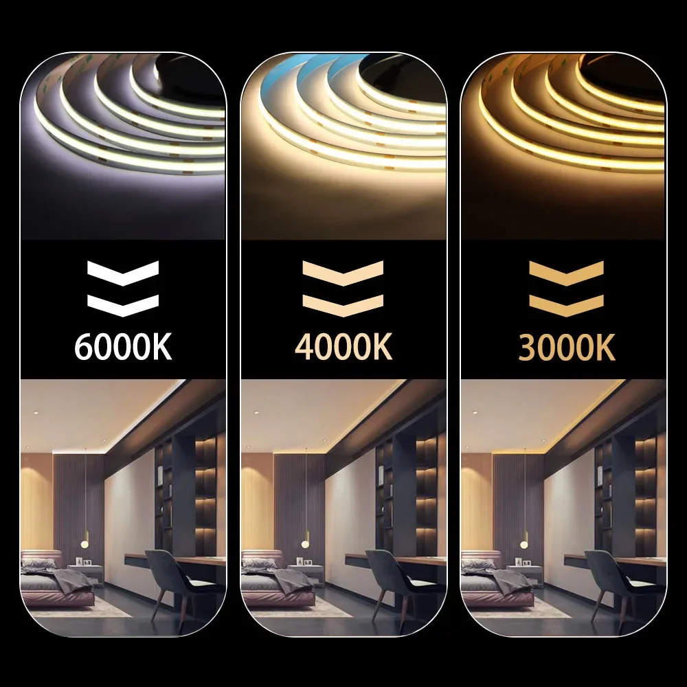 COB LED Strip Light High Density Flexible FOB COB 480/528LEDs/m Lights Tape Blue/ Green/Red Linear Dimmable DC12V/24V
