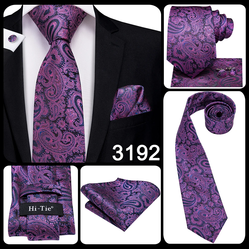 Hi-Tie Designer Purple Floral Striped Paisley Wedding Tie for Men Handky Cufflink Gift Men Tie Party Business Dropshipping