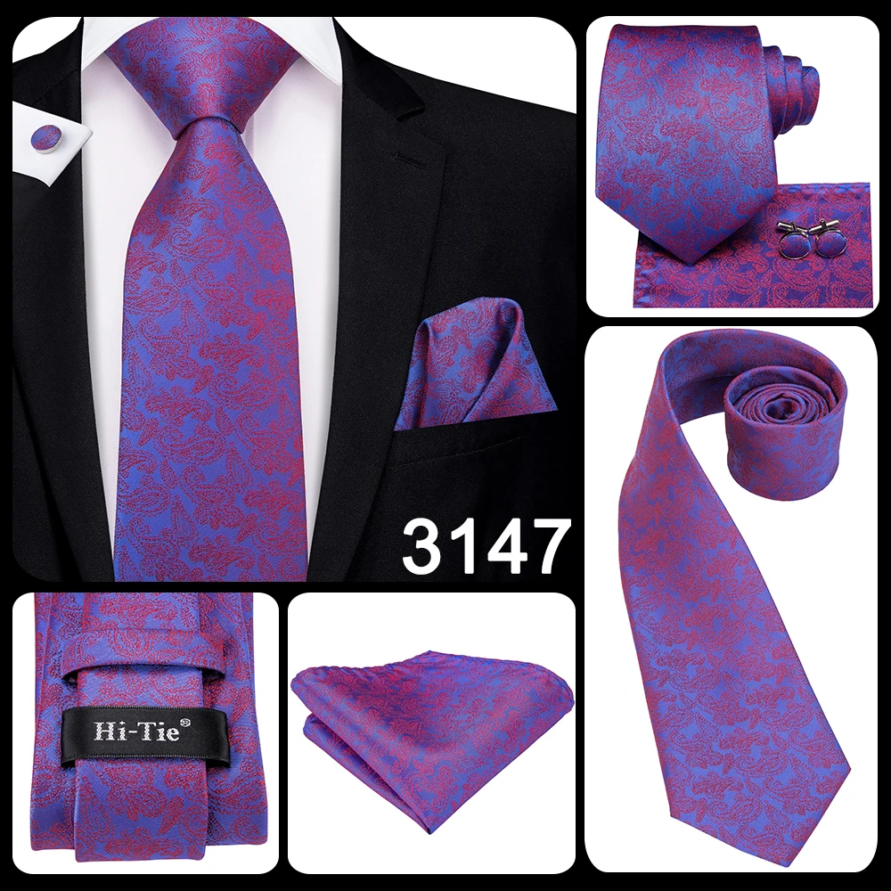 Hi-Tie Designer Purple Floral Striped Paisley Wedding Tie for Men Handky Cufflink Gift Men Tie Party Business Dropshipping