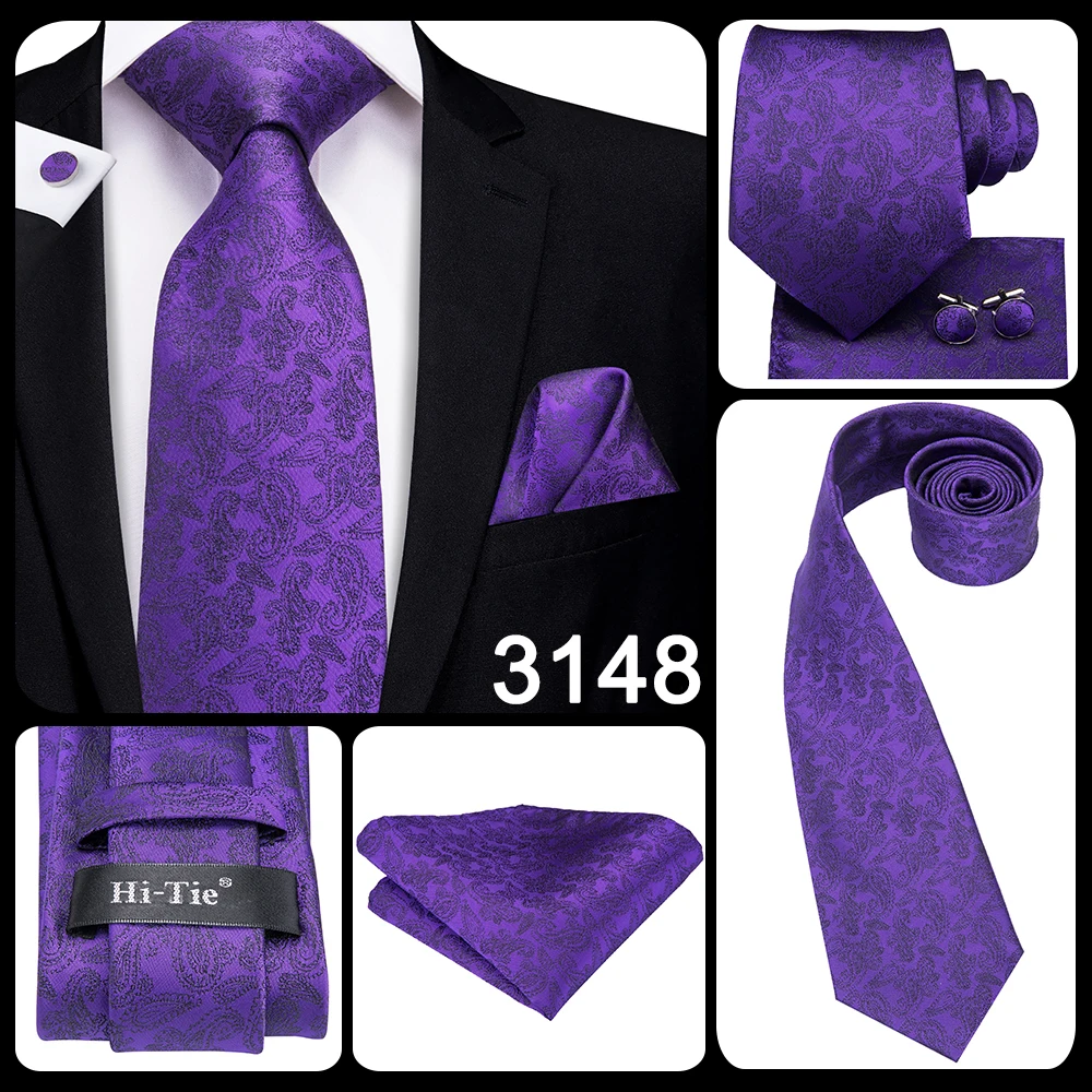 Hi-Tie Designer Purple Floral Striped Paisley Wedding Tie for Men Handky Cufflink Gift Men Tie Party Business Dropshipping