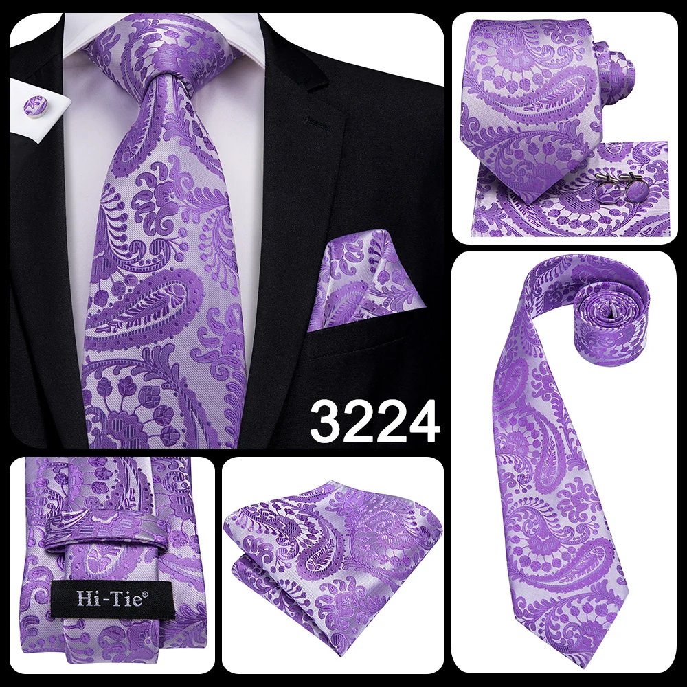 Hi-Tie Designer Purple Floral Striped Paisley Wedding Tie for Men Handky Cufflink Gift Men Tie Party Business Dropshipping