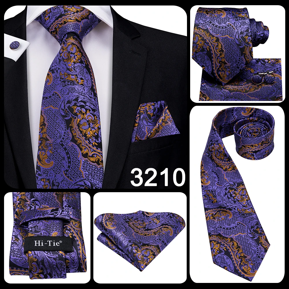 Hi-Tie Designer Purple Floral Striped Paisley Wedding Tie for Men Handky Cufflink Gift Men Tie Party Business Dropshipping