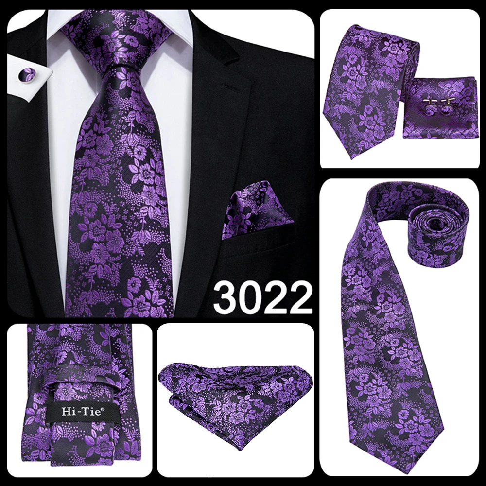 Hi-Tie Designer Purple Floral Striped Paisley Wedding Tie for Men Handky Cufflink Gift Men Tie Party Business Dropshipping