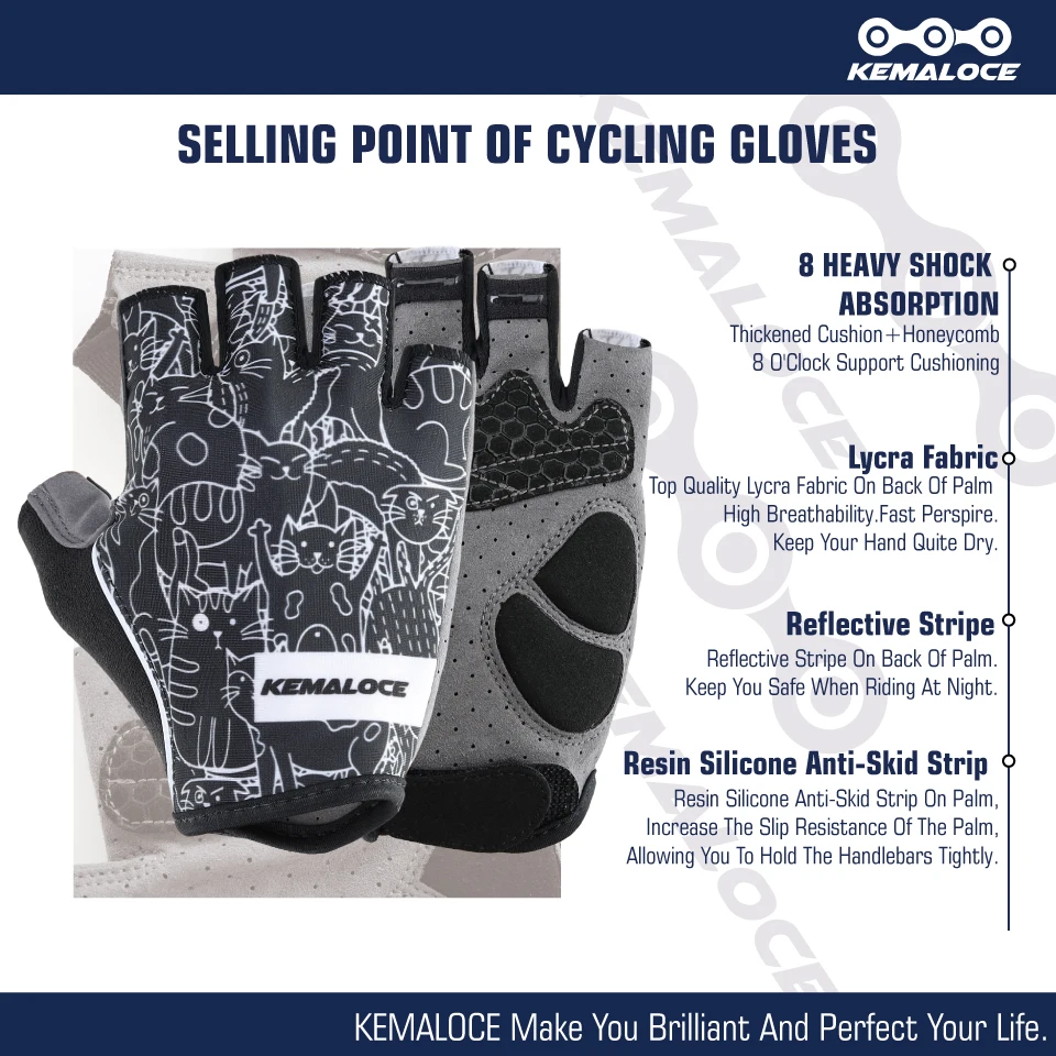 KEMALOCE Cycling Gloves Men Women Road Racing Half Finger Summer Mittens Non-Slip Reflective Outdoor Sport Adult MTB Bike Glove