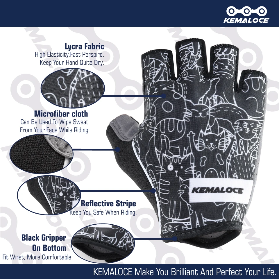 KEMALOCE Cycling Gloves Men Women Road Racing Half Finger Summer Mittens Non-Slip Reflective Outdoor Sport Adult MTB Bike Glove