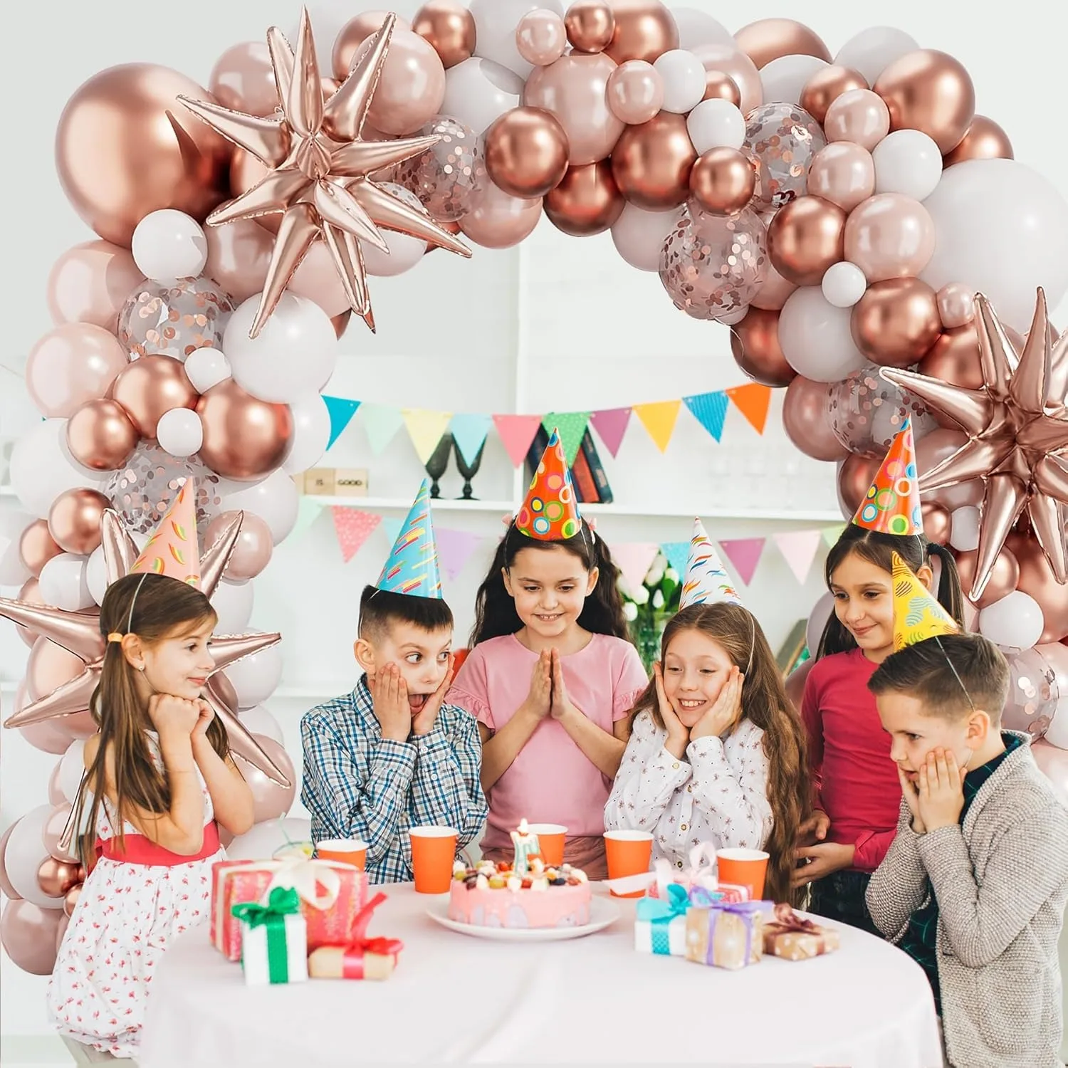 142PCS Rose Gold White Balloons Garland Arch Kit Aluminum Foil Balloons for Baby Shower Ladies Birthday Wedding Party Decor