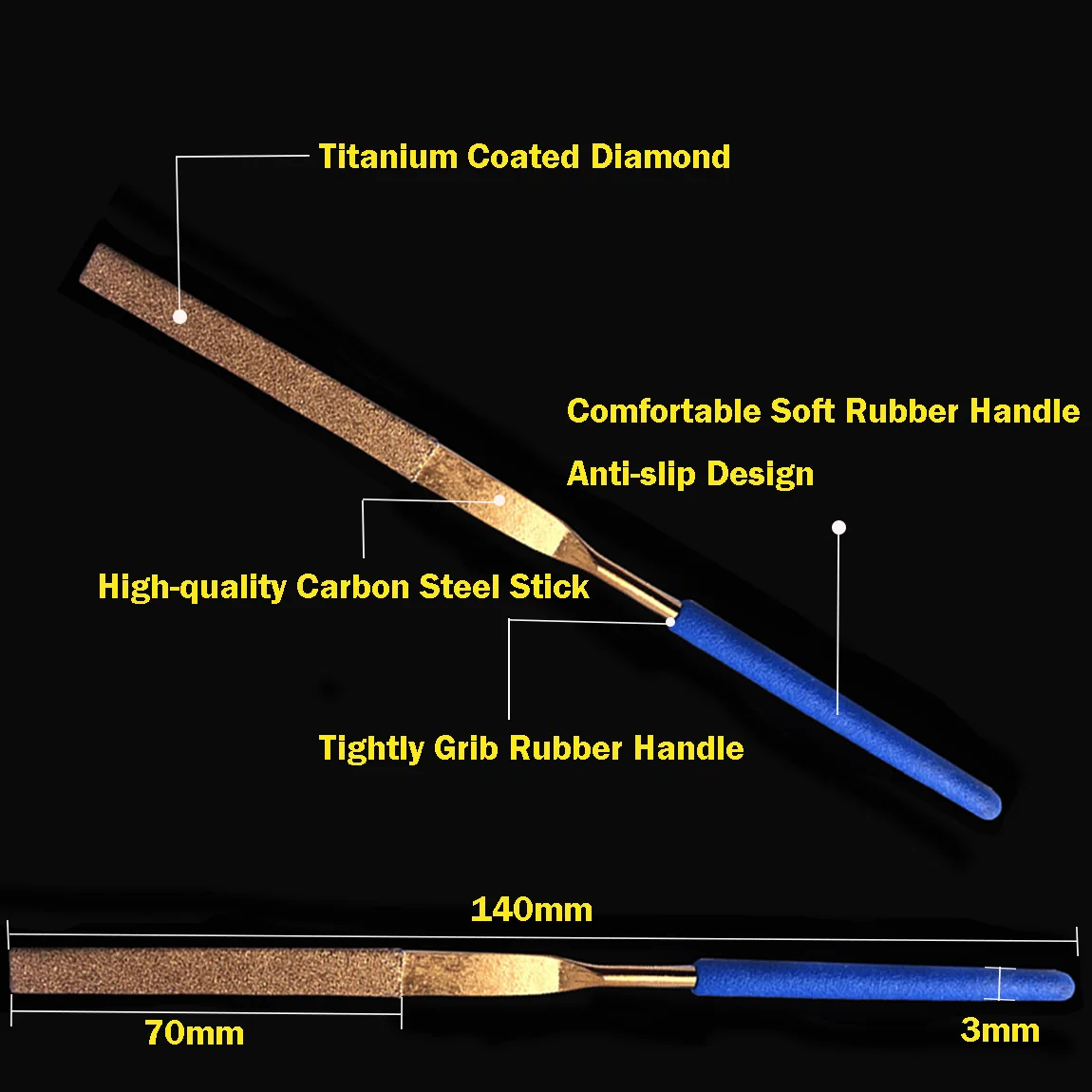 10pcs Titanium Coated Diamond Files Set 3x140mm Soft Rubber Handles Variety Shapes Diamond Needle Files for Metal Glass Ceramics
