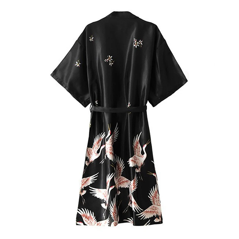 Women Nightgown Ice Silk Chinese Style Crane Print Half Sleeve Kimono Bathrobe Bride Bridesmaid Wedding Long Robe Non-suit