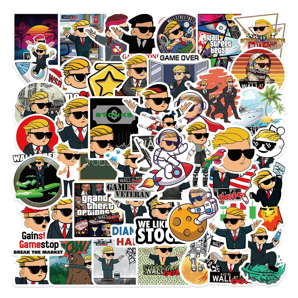 10/30/50PCS Stock Wall Street Bets Cartoon Stickers Graffiti Decals Bike Travel Luggage Guitar Laptop Waterproof Cool Sticker