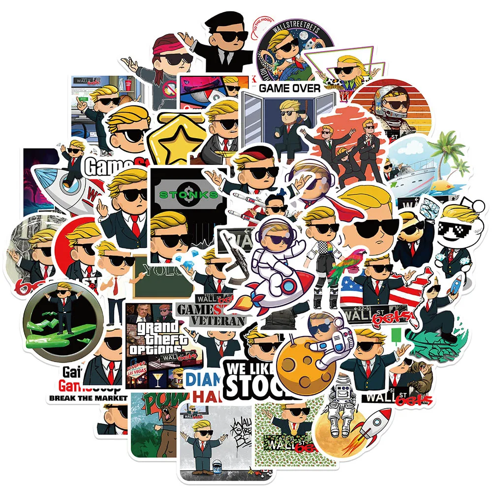10/30/50PCS Stock Wall Street Bets Cartoon Stickers Graffiti Decals Bike Travel Luggage Guitar Laptop Waterproof Cool Sticker