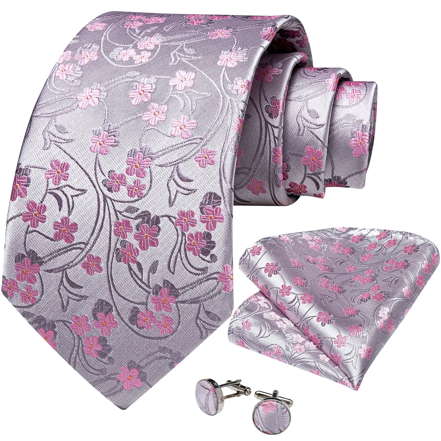 Floral Pink Ties For Men Wedding Party Man Tie Handkerchief Brooch Cufflinks Set Men Accessories Gravata
