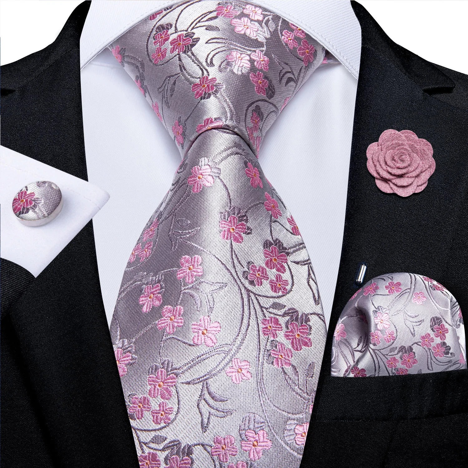 Floral Pink Ties For Men Wedding Party Man Tie Handkerchief Brooch Cufflinks Set Men Accessories Gravata