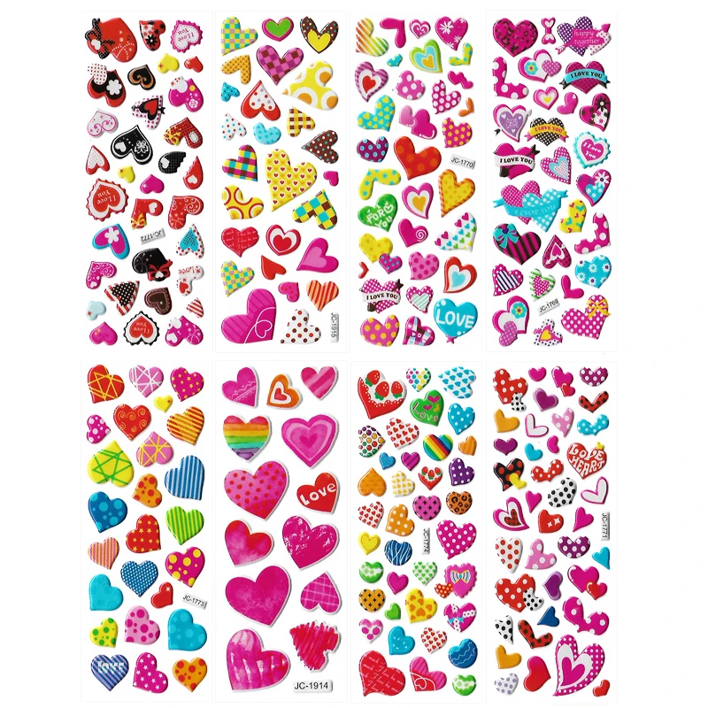 8sheets 3D Cartoon Sweet Hearts Stickers for Girls Kids Birthday Gift Scrapbooking Teachers Reward Heart Shape DIY Sticker Toys