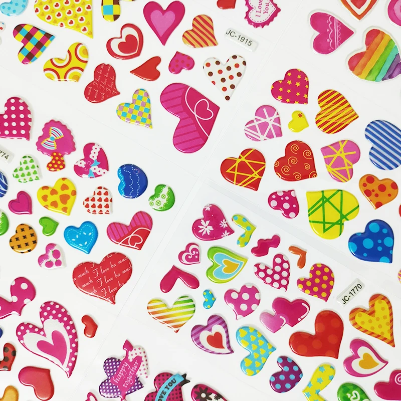 8sheets 3D Cartoon Sweet Hearts Stickers for Girls Kids Birthday Gift Scrapbooking Teachers Reward Heart Shape DIY Sticker Toys