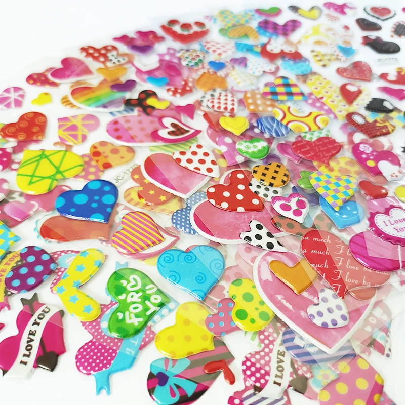 8sheets 3D Cartoon Sweet Hearts Stickers for Girls Kids Birthday Gift Scrapbooking Teachers Reward Heart Shape DIY Sticker Toys
