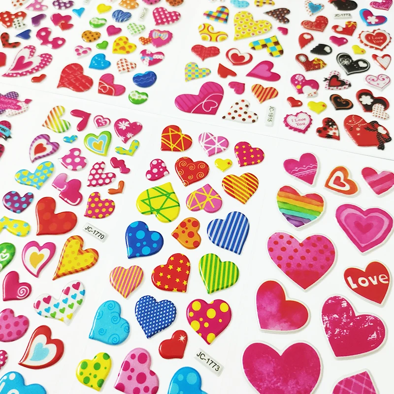 8sheets 3D Cartoon Sweet Hearts Stickers for Girls Kids Birthday Gift Scrapbooking Teachers Reward Heart Shape DIY Sticker Toys
