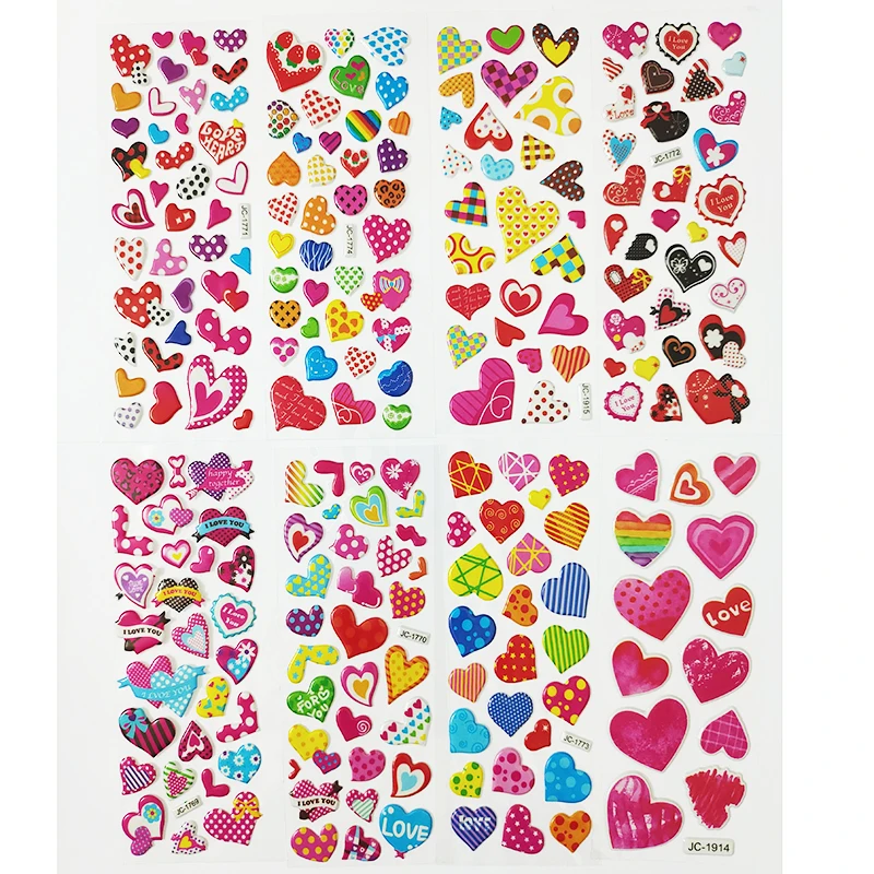 8sheets 3D Cartoon Sweet Hearts Stickers for Girls Kids Birthday Gift Scrapbooking Teachers Reward Heart Shape DIY Sticker Toys