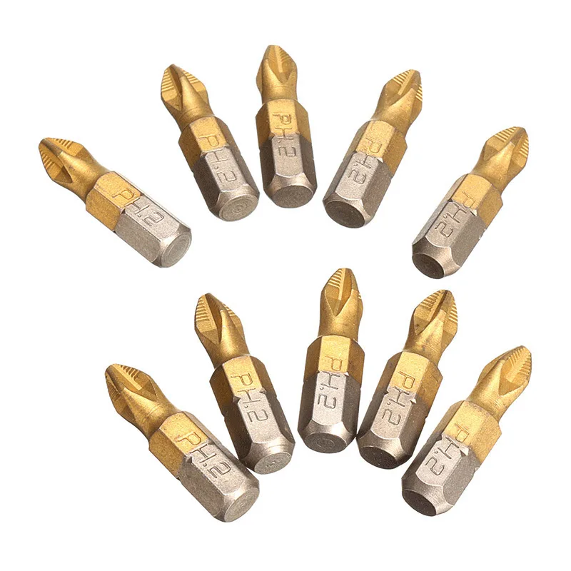 10pcs/Set 25mm Screwdriver Bits 1/4 Inch Titanium Coated Anti Slip Hex Shank PH2 Electric Screw Driver Bit Hand Tools