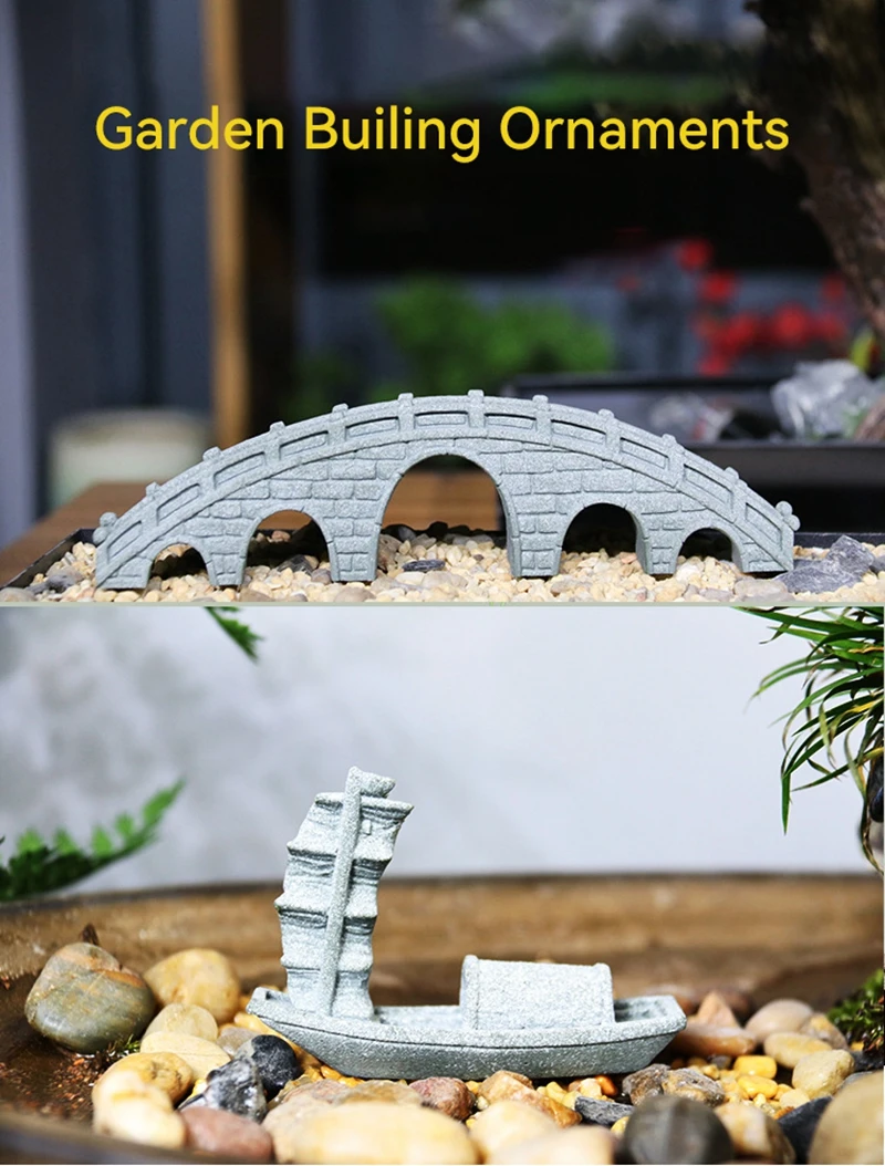 Miniature Sand Stones Bridge Figurine Boat DIY Terrarium Ornaments Fairy Garden Bonsai Rockery Lanscaping for Room Decoration