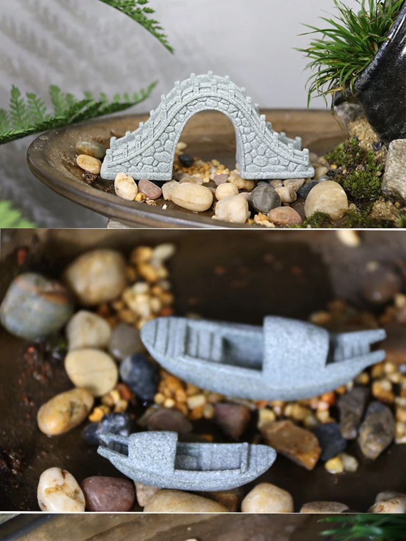 Miniature Sand Stones Bridge Figurine Boat DIY Terrarium Ornaments Fairy Garden Bonsai Rockery Lanscaping for Room Decoration