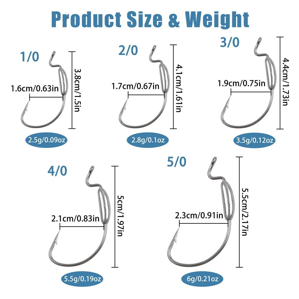 25Pcs Weighted Jig Head Worm Hooks Offset Curved Crank Barbed Wide Gap Bass Fishing Texas Rig Hook for Saltwater Freshwater