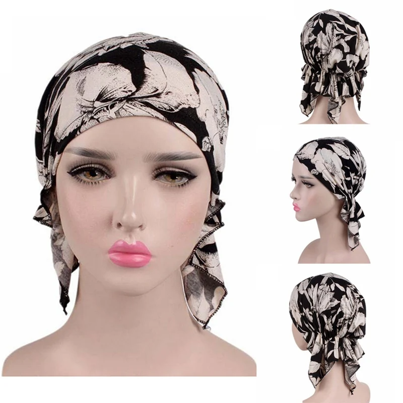 New high quality Women Stretchy Turban Cotton Beanie Pre Tied Scarf Head Scarf Chemo Hat Cancer Scarves Lady Hair accessories