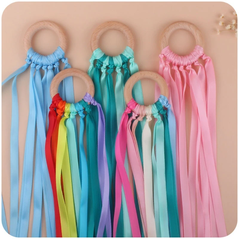 BPA-free Non-toxic Baby Ribbon Wooden Ring Teether Montessori Style Sensory Toy Newborns Color Recognition Educational Toys