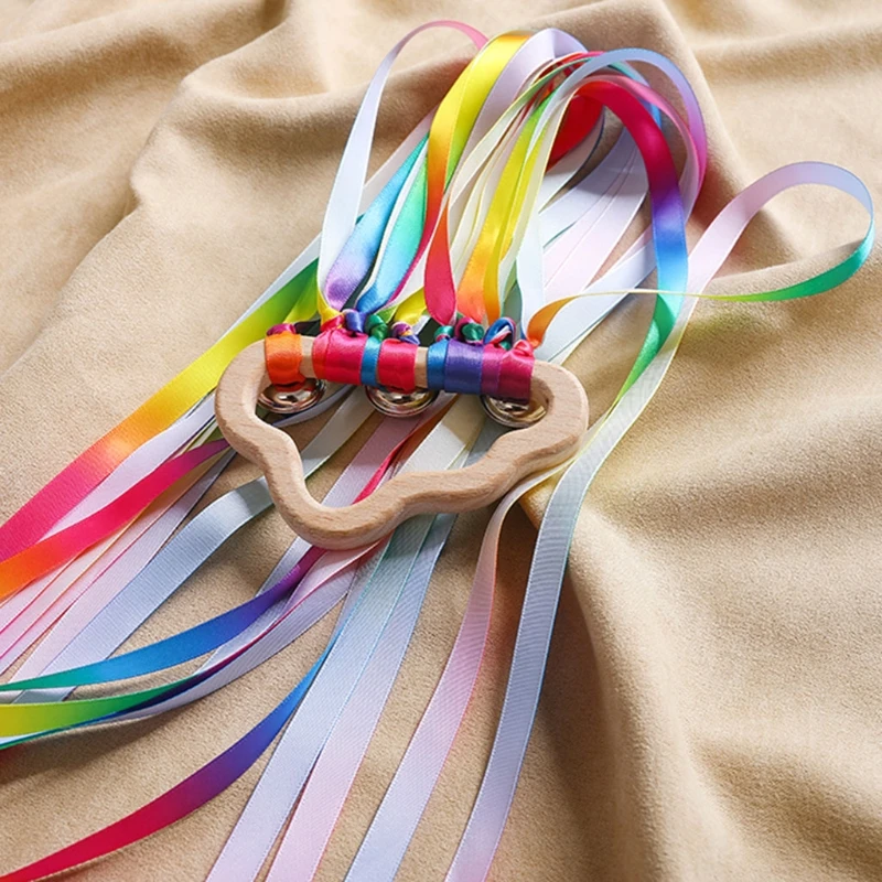 BPA-free Non-toxic Baby Ribbon Wooden Ring Teether Montessori Style Sensory Toy Newborns Color Recognition Educational Toys