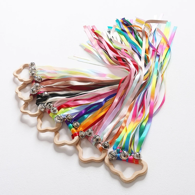 BPA-free Non-toxic Baby Ribbon Wooden Ring Teether Montessori Style Sensory Toy Newborns Color Recognition Educational Toys