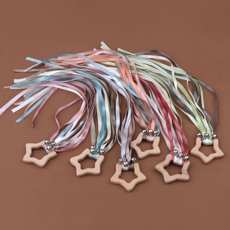 BPA-free Non-toxic Baby Ribbon Wooden Ring Teether Montessori Style Sensory Toy Newborns Color Recognition Educational Toys