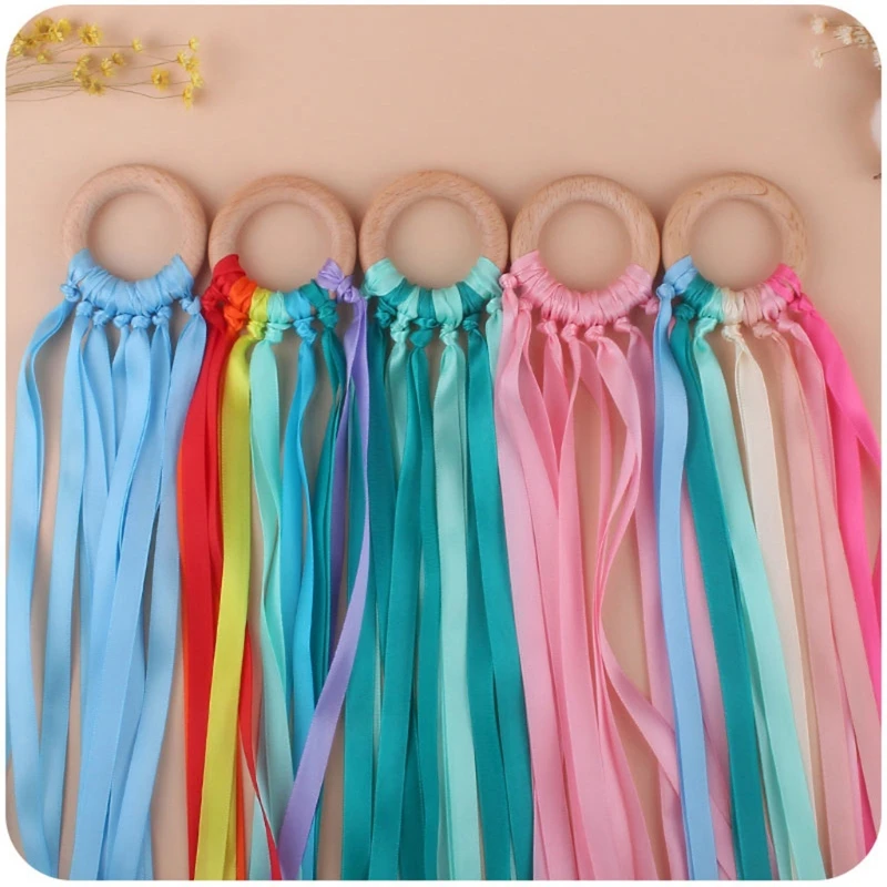 BPA-free Non-toxic Baby Ribbon Wooden Ring Teether Montessori Style Sensory Toy Newborns Color Recognition Educational Toys