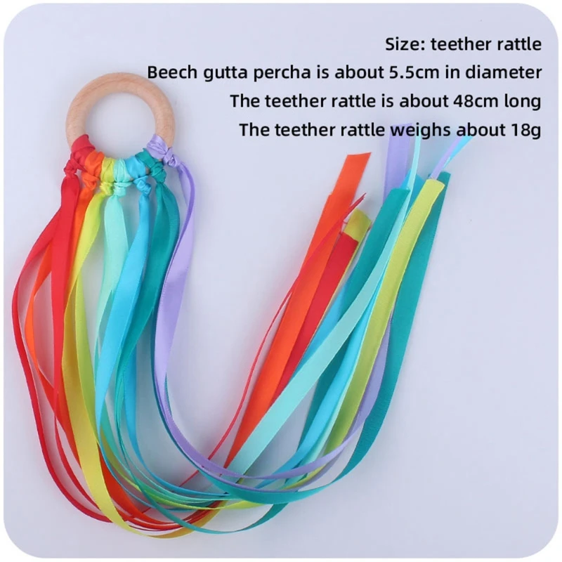 BPA-free Non-toxic Baby Ribbon Wooden Ring Teether Montessori Style Sensory Toy Newborns Color Recognition Educational Toys