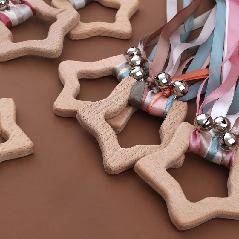 BPA-free Non-toxic Baby Ribbon Wooden Ring Teether Montessori Style Sensory Toy Newborns Color Recognition Educational Toys