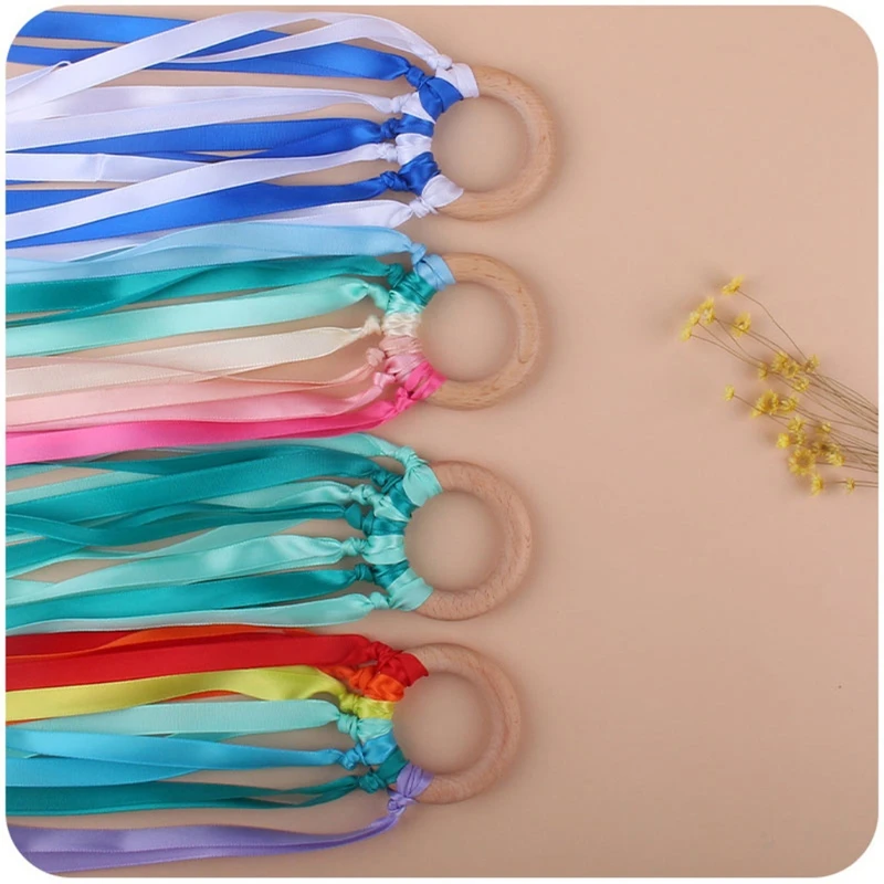 BPA-free Non-toxic Baby Ribbon Wooden Ring Teether Montessori Style Sensory Toy Newborns Color Recognition Educational Toys