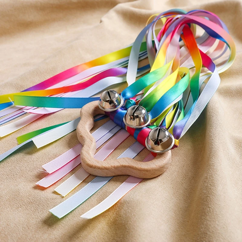 BPA-free Non-toxic Baby Ribbon Wooden Ring Teether Montessori Style Sensory Toy Newborns Color Recognition Educational Toys