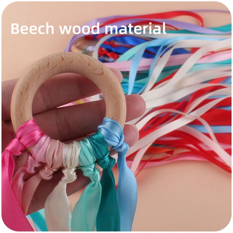 BPA-free Non-toxic Baby Ribbon Wooden Ring Teether Montessori Style Sensory Toy Newborns Color Recognition Educational Toys