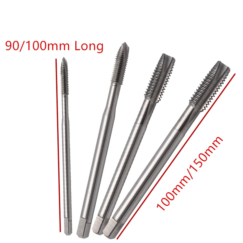 Jrealmer Machine Thread Tap HSS Taps 90/100/150/200 Long Shank Metric Plug Tap For Metalworking Tools Straight Flute Screw Tap