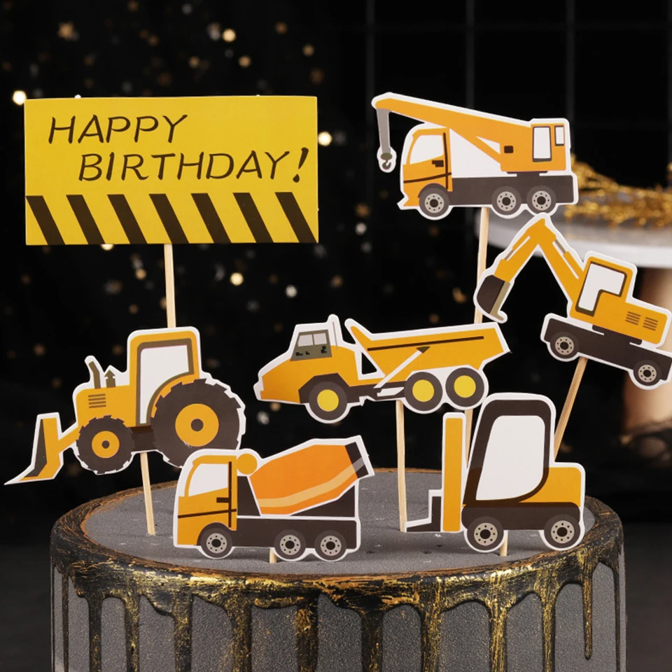 1set Construction Cake Topper Multi Type Excavator Bulldozer Toppers for Boy's Birthday Party Cake Decorations DIY Cake Supply