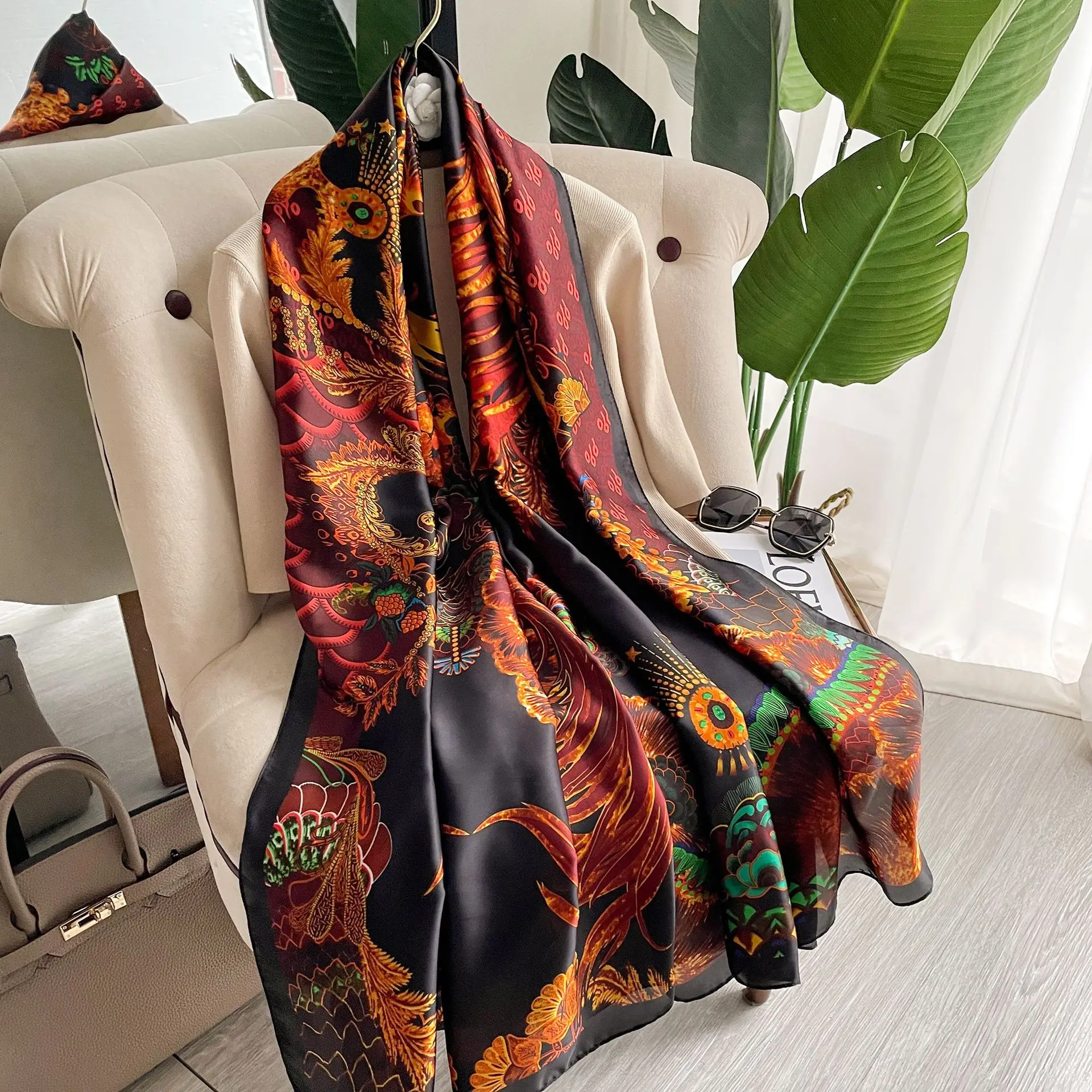 180*90cm Large Silk Satin Scarf Hijab Women Print Spring New Shawl Wrap Female Hand Foulard Pashmina Travel Echarpe 2022 NEW