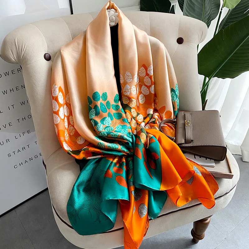 180*90cm Large Silk Satin Scarf Hijab Women Print Spring New Shawl Wrap Female Hand Foulard Pashmina Travel Echarpe 2022 NEW