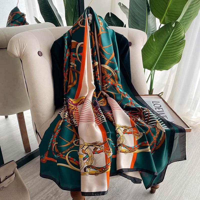 180*90cm Large Silk Satin Scarf Hijab Women Print Spring New Shawl Wrap Female Hand Foulard Pashmina Travel Echarpe 2022 NEW