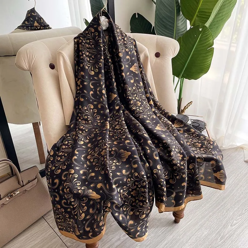 180*90cm Large Silk Satin Scarf Hijab Women Print Spring New Shawl Wrap Female Hand Foulard Pashmina Travel Echarpe 2022 NEW