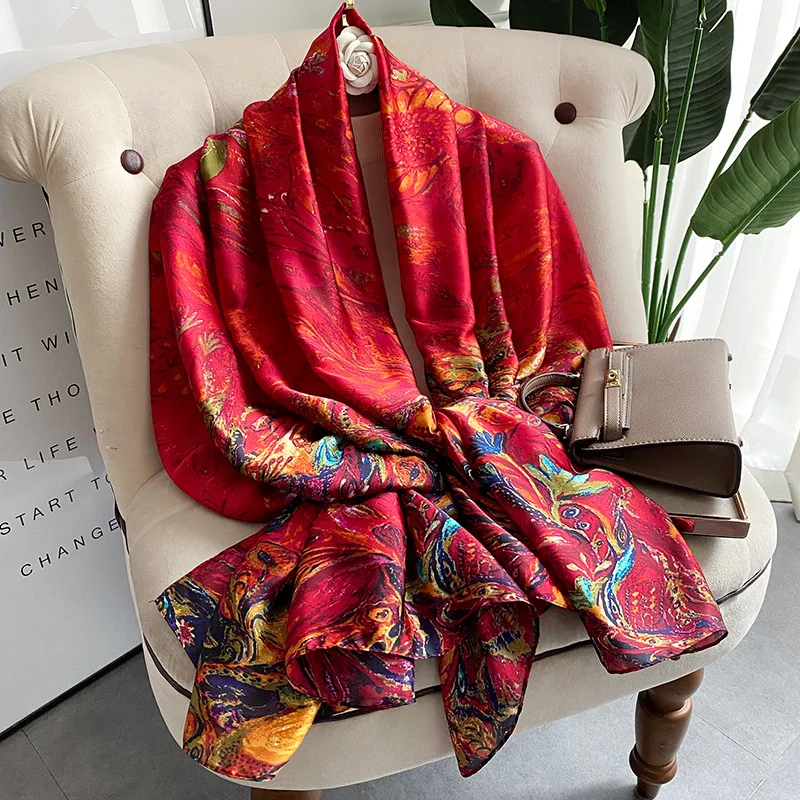 180*90cm Large Silk Satin Scarf Hijab Women Print Spring New Shawl Wrap Female Hand Foulard Pashmina Travel Echarpe 2022 NEW